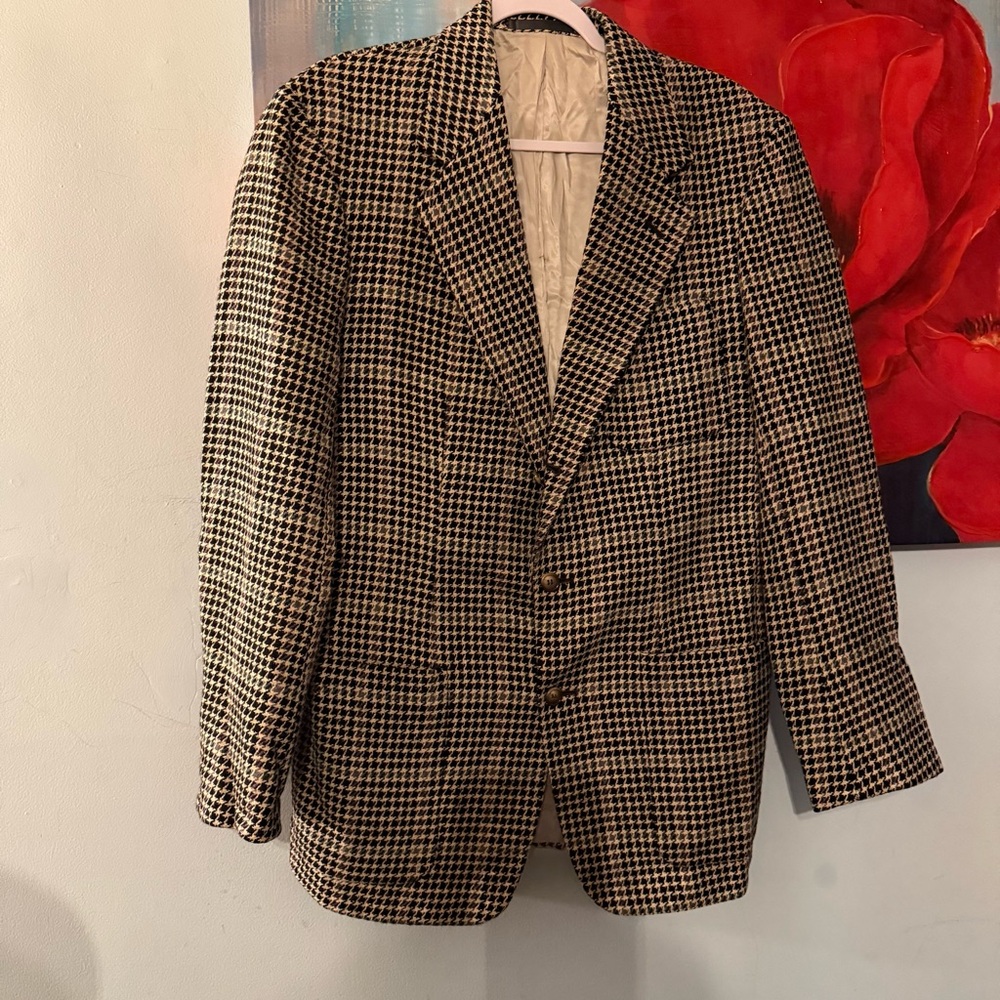 J McLaughlin Wool Houndstooth Check 3 Button Blazer Coat 40R Vintage Union Made